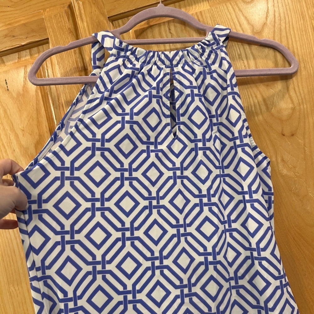 Jude Connally Women's Sleeveless Dress Blue White Geometric Print Made USA - Picture 10 of 10